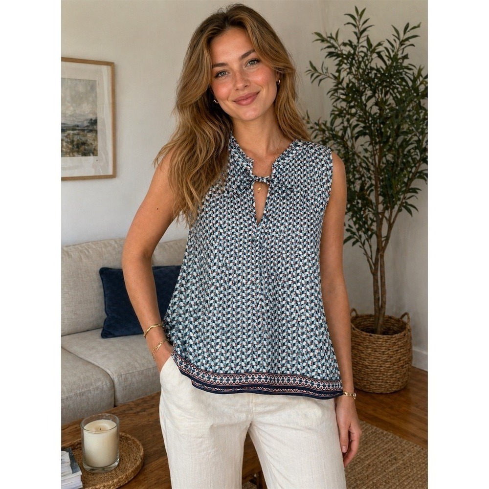 Max Studio Blouse accordion pleats L‎ Multicolor Geometric Tie-Neck Keyhole Top